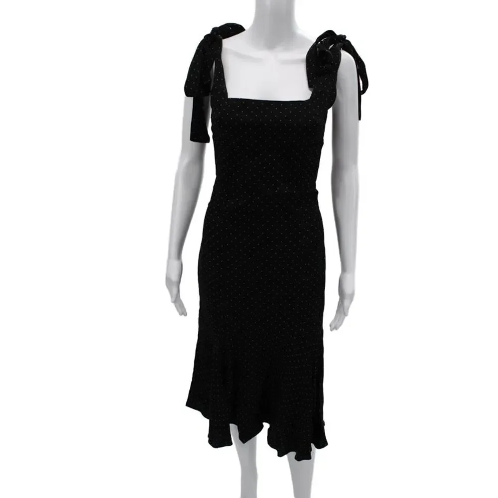 Alexis Womens Fit Flare Sundress Black Polka Dot Square Neck Tie Size XS
